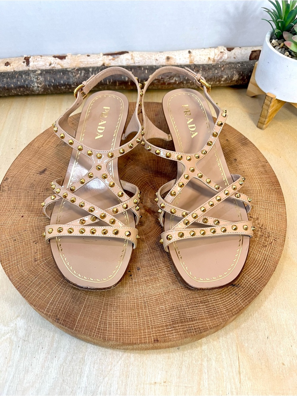 Prada Studded Nude Patent Wedge Sandals Size 37.5 / US 7.5